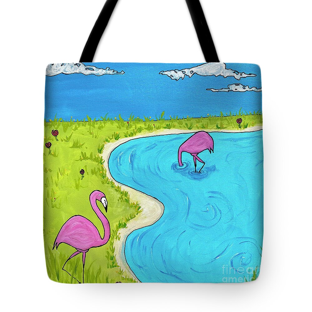 Pink Tote Bag featuring the painting Flamingos by Wendy Golden