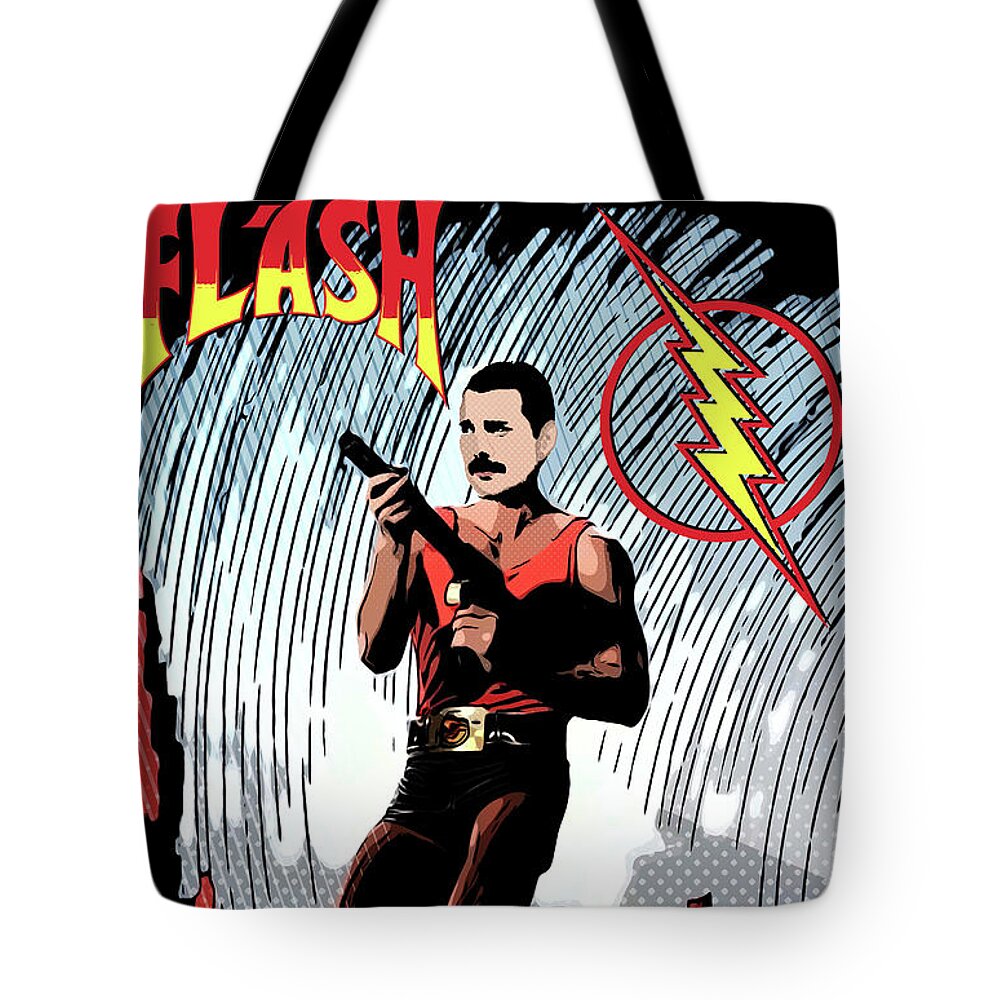 Freddie Mercury Tote Bag featuring the digital art Flash Freddie Issue No. 1980 by Christina Rick