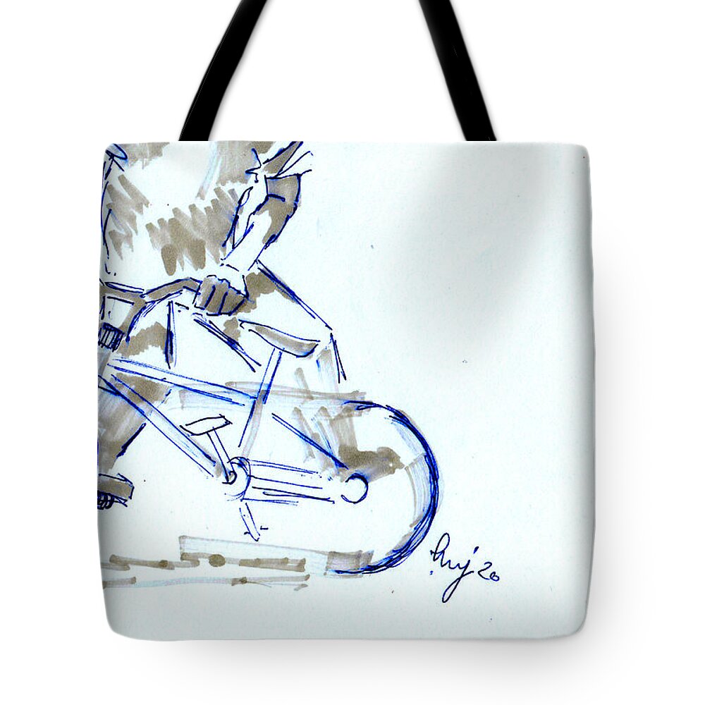  Tote Bag featuring the drawing Flatland BMX halflash trick drawing by Mike Jory