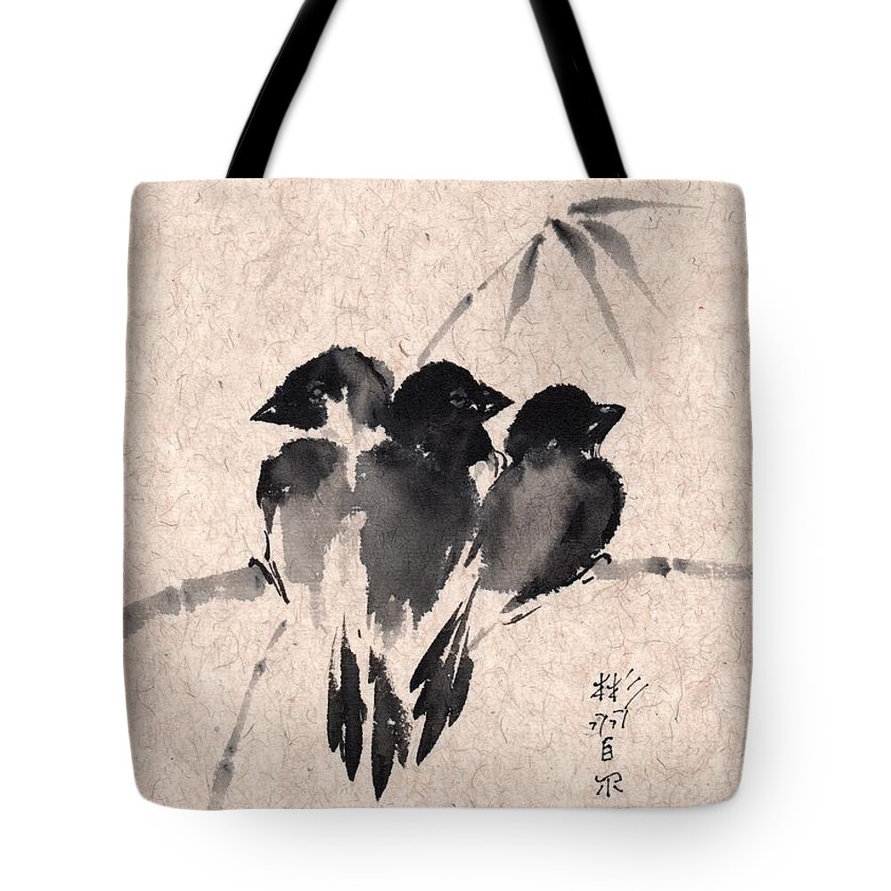 Chinese Brush Painting Tote Bag featuring the painting Fledglings by Bill Searle