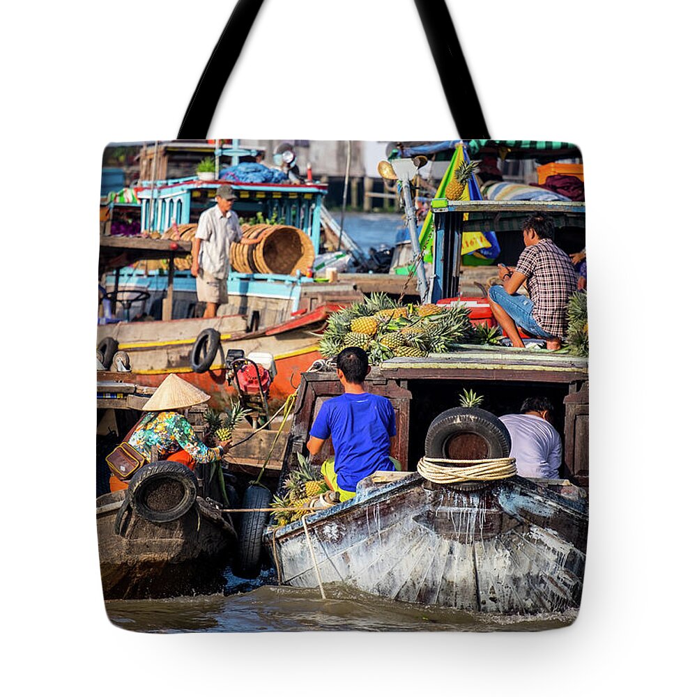 Cai Rang Tote Bag featuring the photograph Floating Market Scene by Arj Munoz