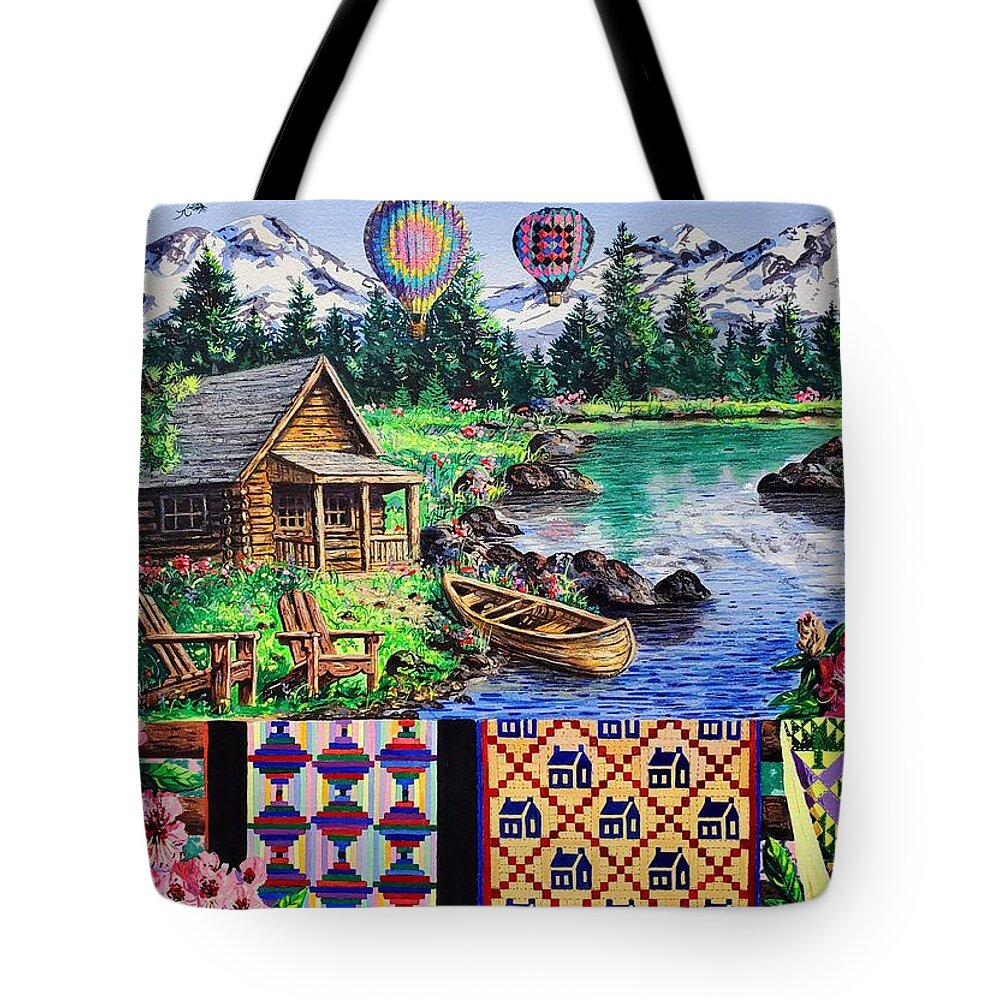 Quilts Tote Bag featuring the painting Floating Over Sisters by Diane Phalen