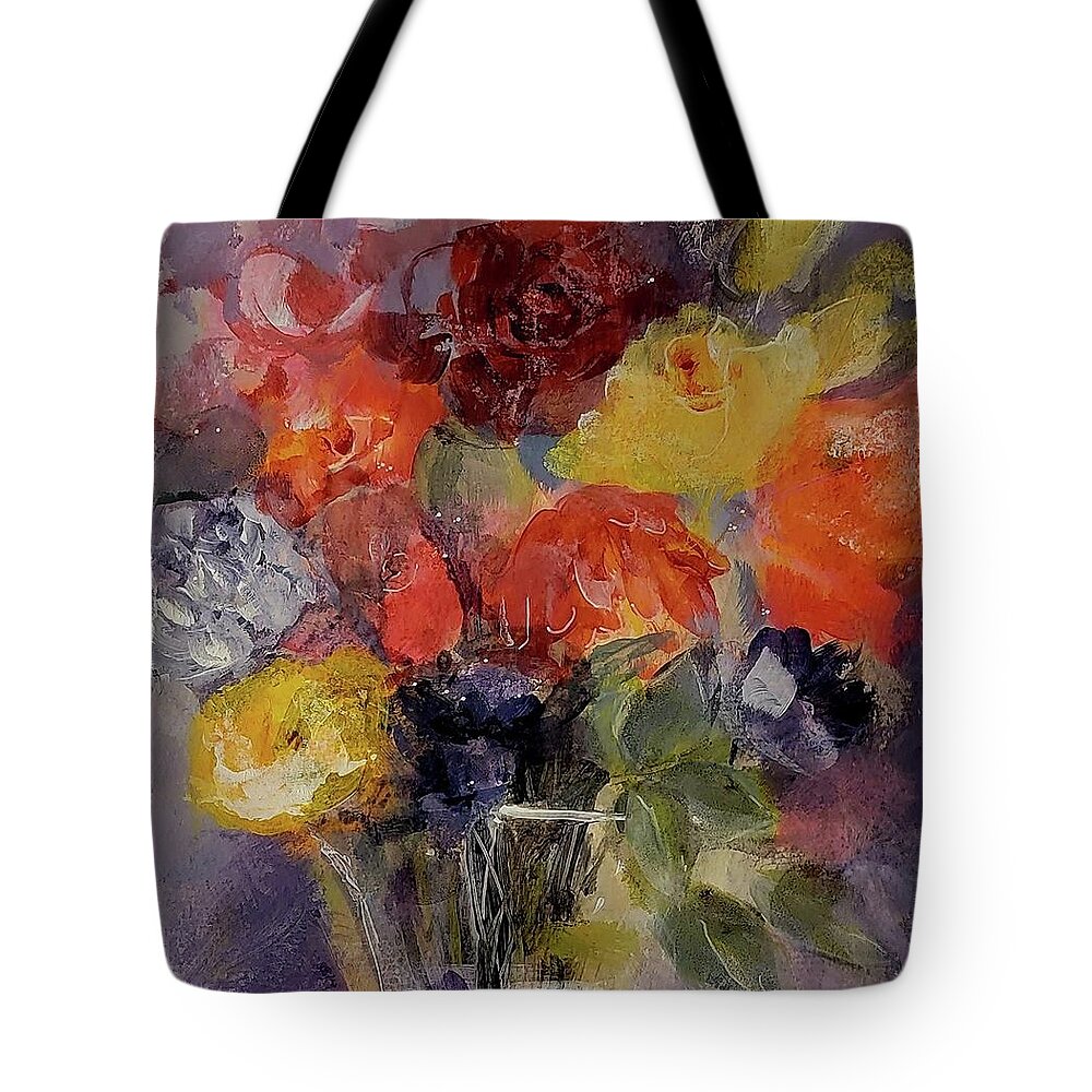 Smokey Tote Bag featuring the painting Floral Of Red and Yellow on Smokey Plum by Lisa Kaiser