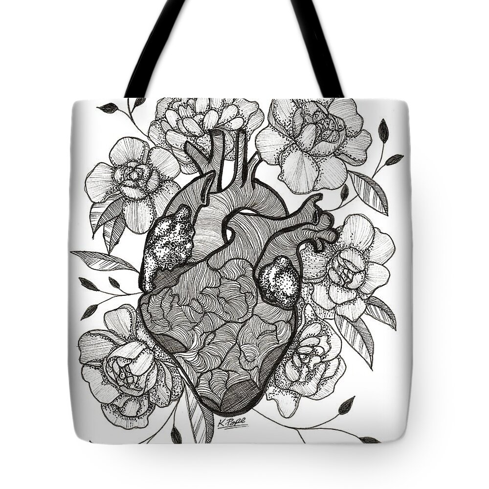 Autonomically Tote Bag featuring the mixed media Floral Resilience Autonomically Correct Heart BW by Kenneth Pope