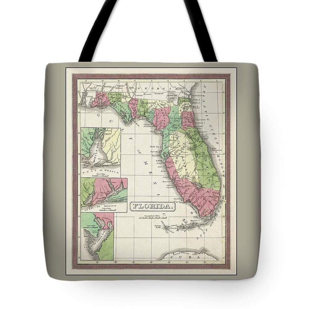 Florida Map Tote Bag featuring the photograph Florida Vintage Map 1833 by Carol Japp