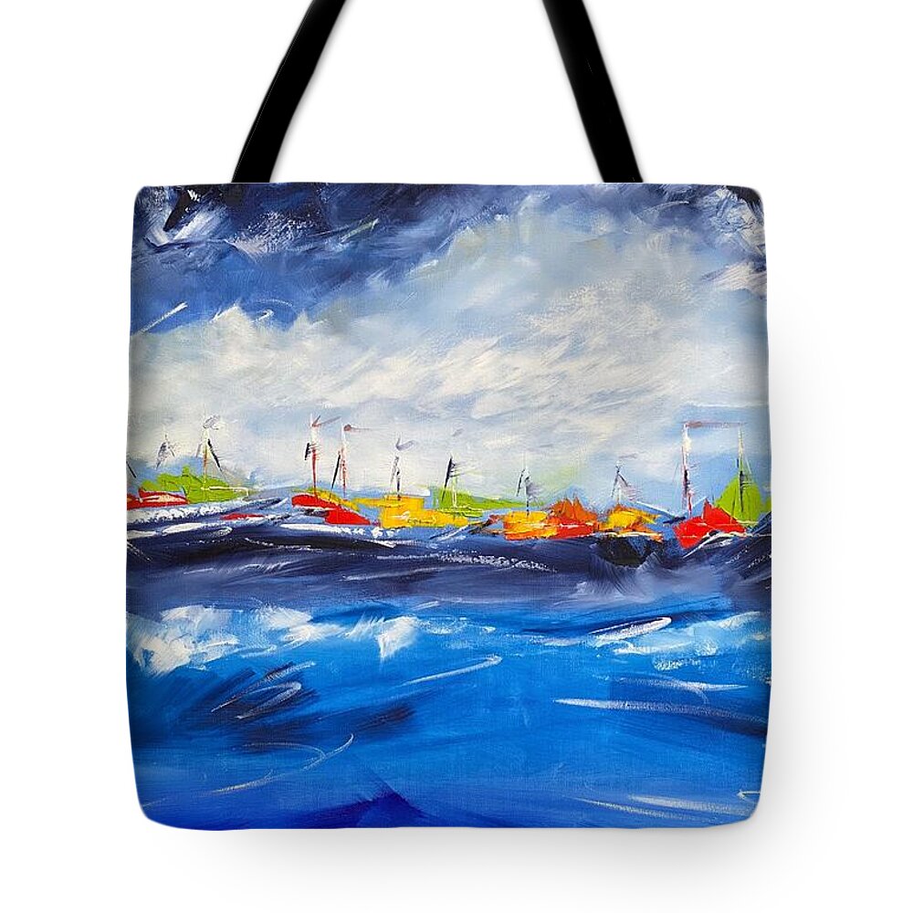 Boats Tote Bag featuring the painting Flotilla by Alan Metzger