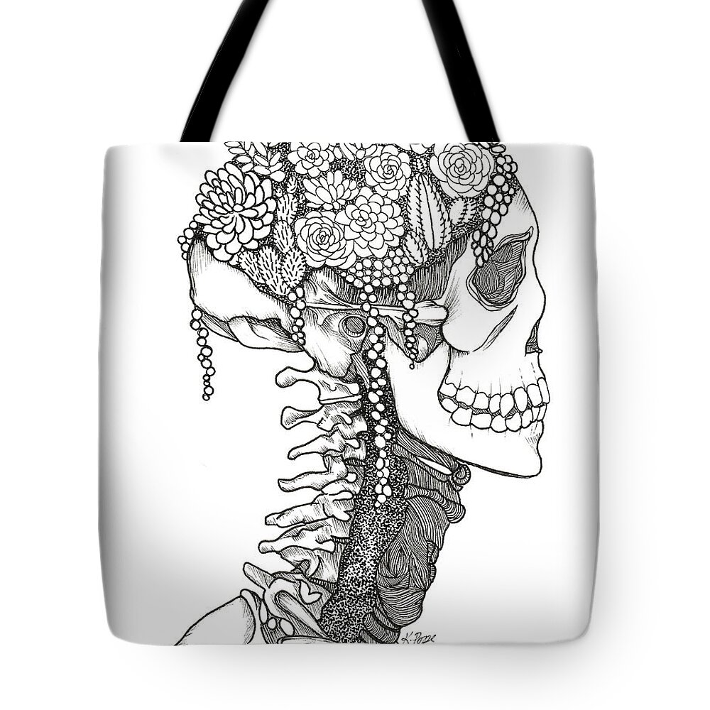 Skull Tote Bag featuring the drawing Flourishing Mind Botanical Skull by Kenneth Pope