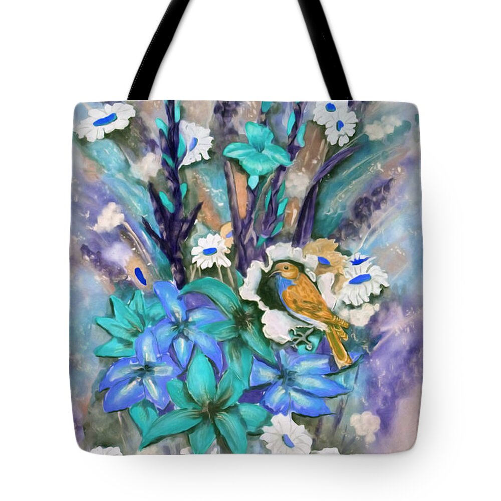 Flowers Tote Bag featuring the mixed media Flower Bouquet n' Bird by Kelly Mills