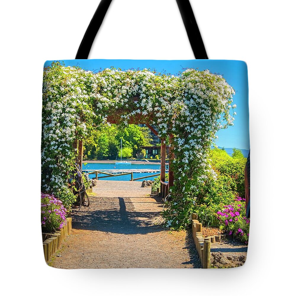 Garden Tote Bag featuring the photograph Flower Covered Trellis by Robert McKinstry