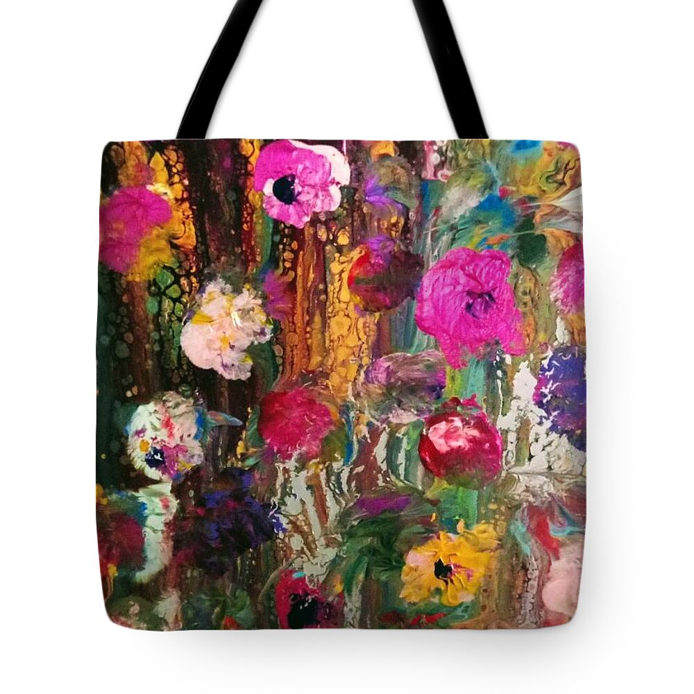 Flowers Fusion Pink Tote Bag featuring the painting Flower Fusion by Anna Adams