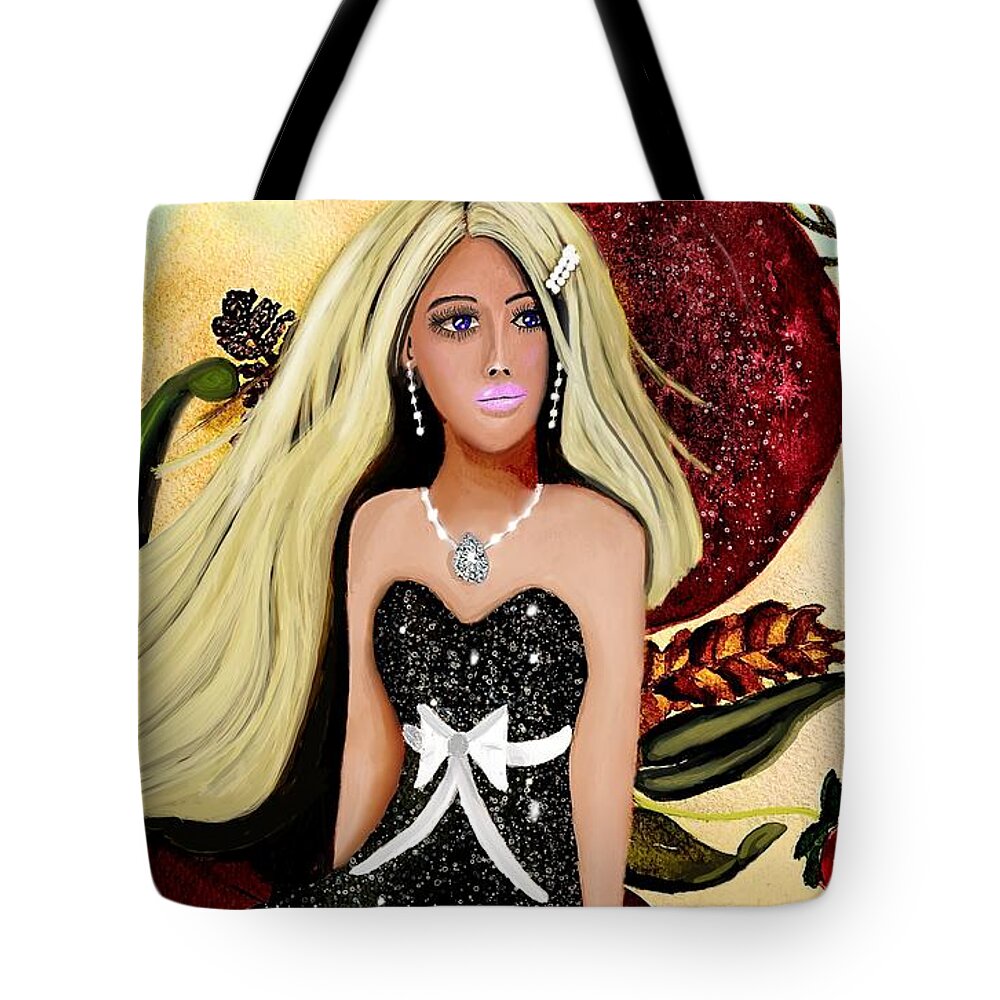 Flower Moon Woman Whimsical Black Dress Fashion Colorful Contemporary Tote Bag featuring the mixed media Flower Moon by Lorie Fossa
