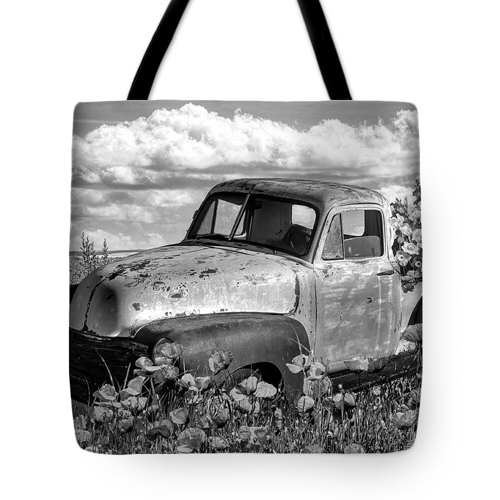 Truck Tote Bag featuring the photograph Flower Truck in Poppies Black and White by Debra and Dave Vanderlaan