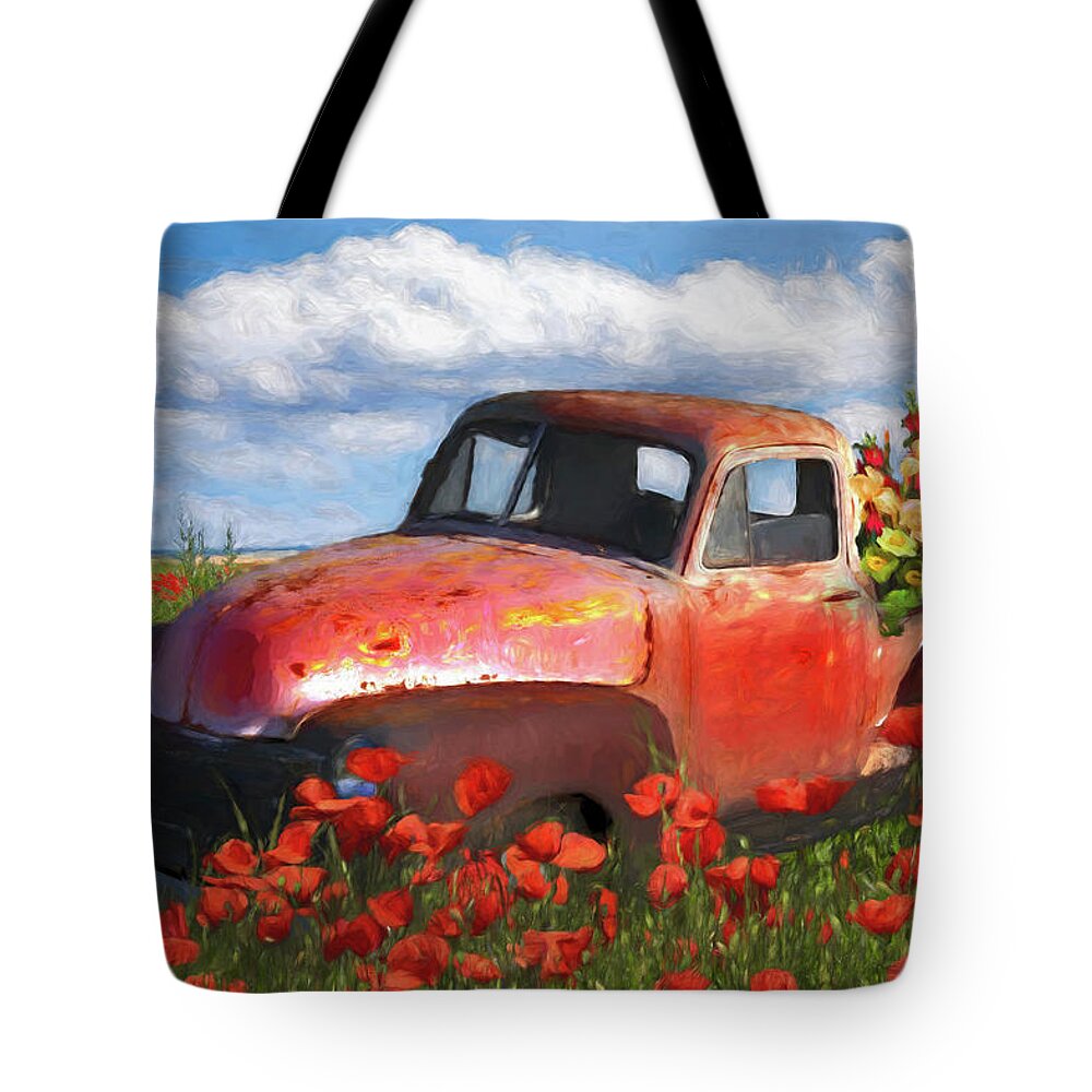 Old Tote Bag featuring the photograph Flower Truck in Poppies Painting by Debra and Dave Vanderlaan