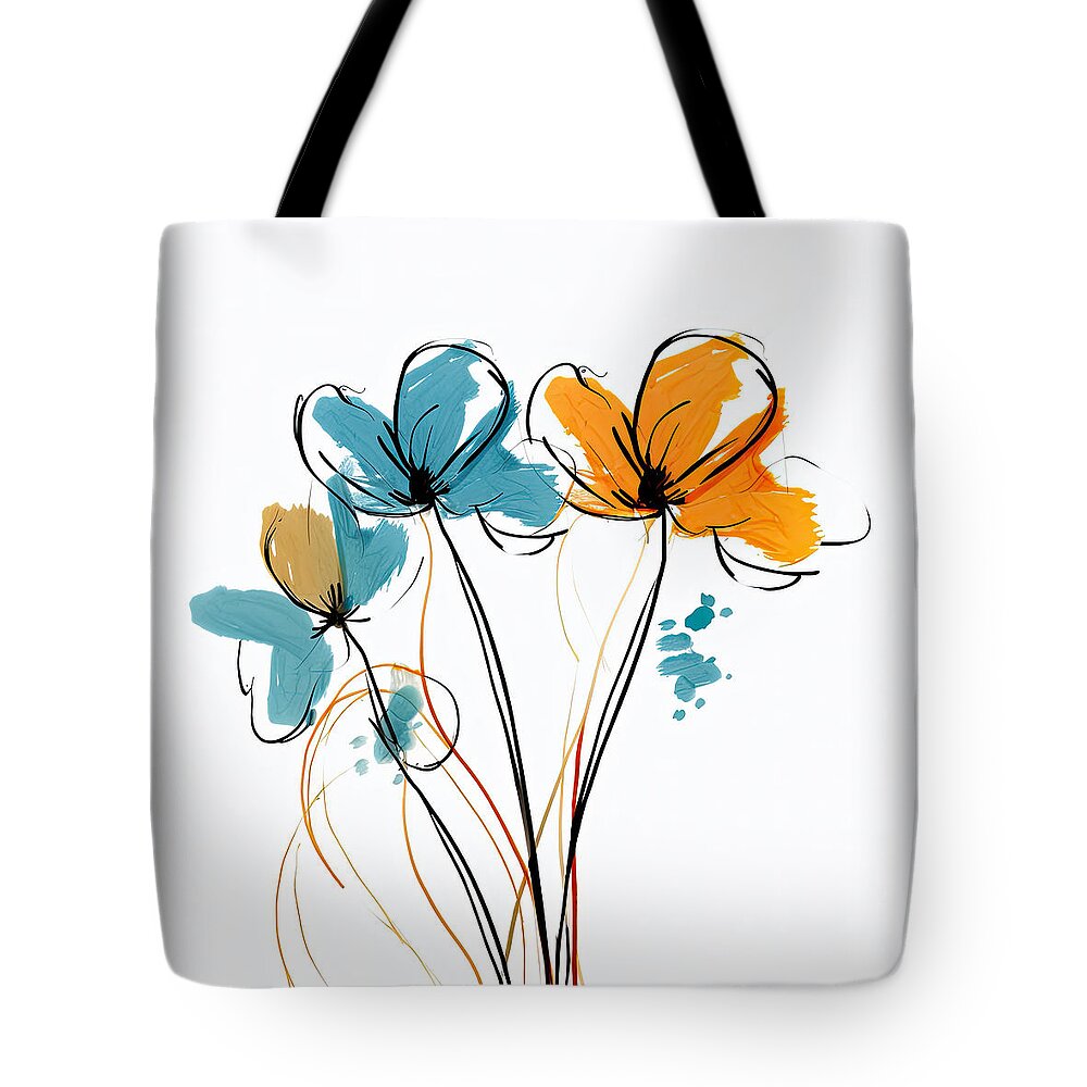Turquoise And Orange Tote Bag featuring the painting Flowers Minimalist Art - Turquoise Orange and Yellow Art by Lourry Legarde