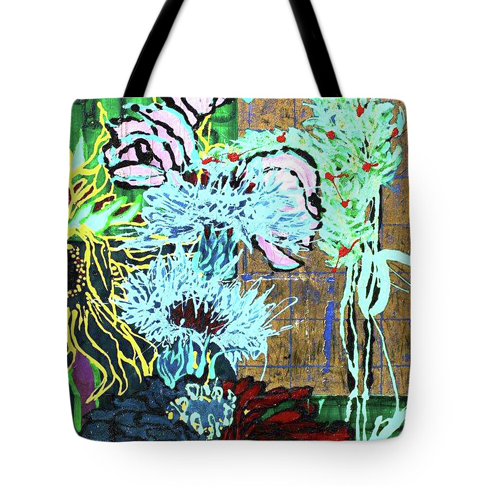 Flowers Gold Leaf Sunflower Color Painting Oil Tote Bag featuring the painting Flowers of Evil III by Kasey Jones