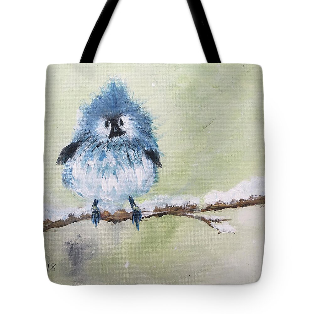 Blue Bird Tote Bag featuring the painting Fluffy Blue Bird by Roxy Rich