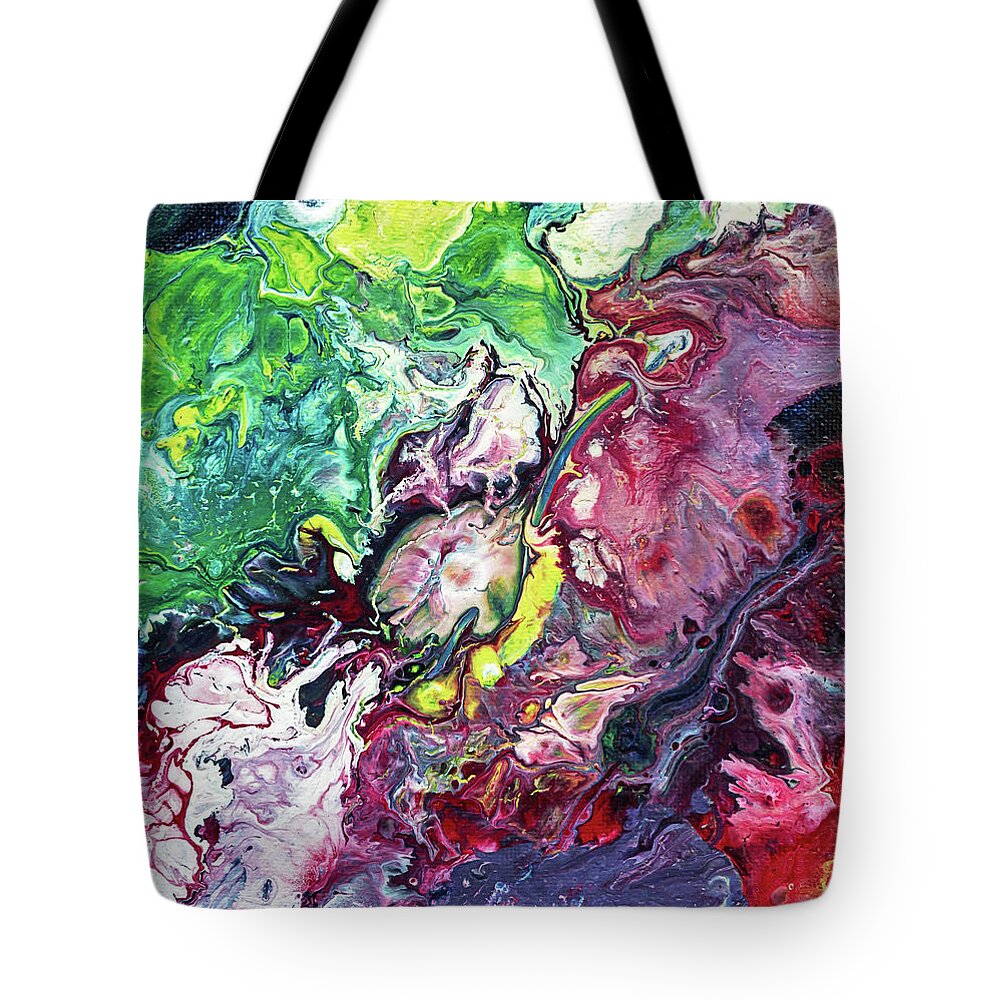 Fluid Tote Bag featuring the painting Fluid Abstract Purple Green by Maria Meester