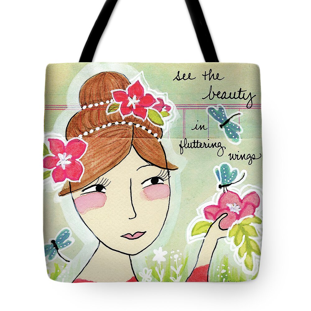 Mixed Media Tote Bag featuring the mixed media Fluttering Wings by Julie Mogford
