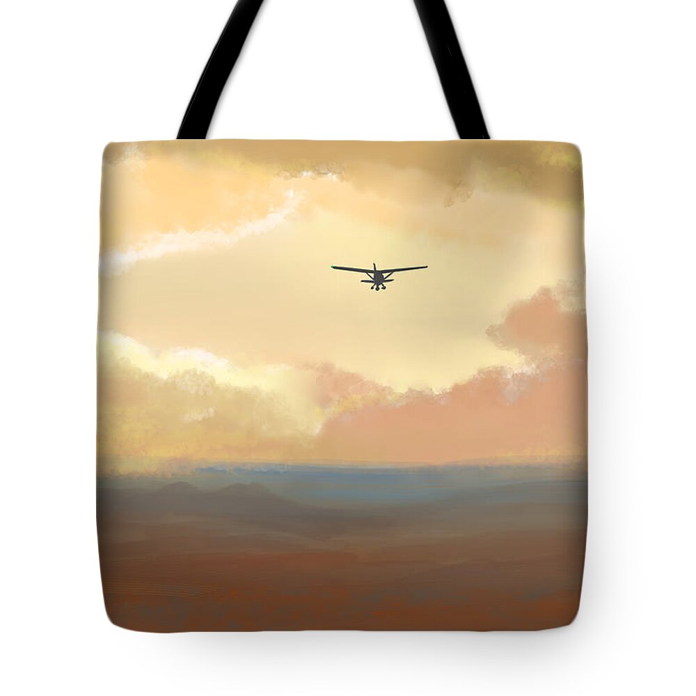 Landscape Tote Bag featuring the digital art Fly into the Sunset by Rohvannyn Shaw