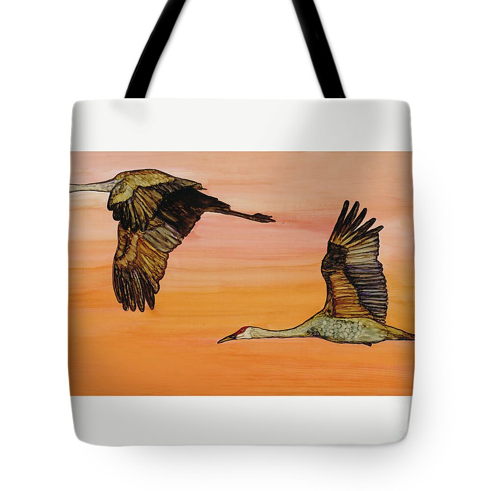 Sandhill Tote Bag featuring the painting Flying at Dawn by Jan Killian