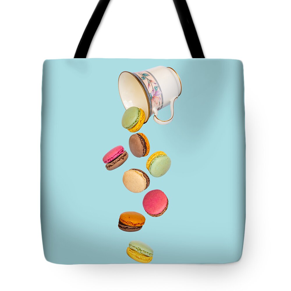 Macarons Tote Bag featuring the photograph Flying French macarons by Delphimages Photo Creations