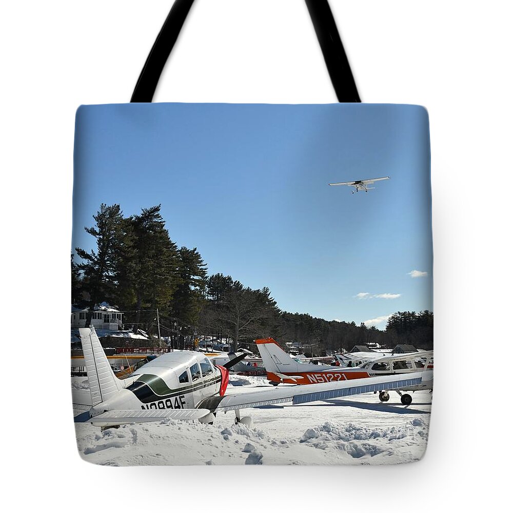 Ice Runway Tote Bag featuring the photograph Flying Over the Big Lake by Steve Brown