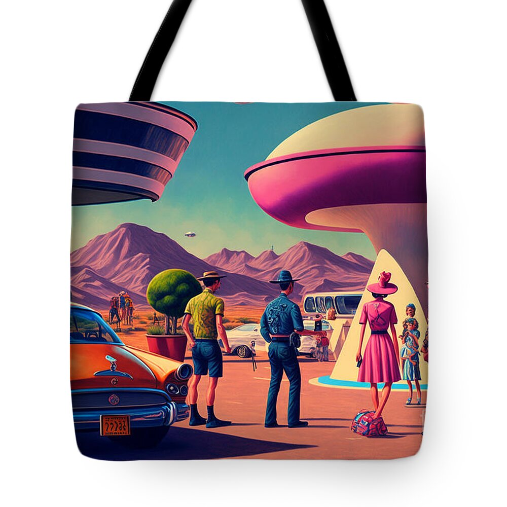 Flying Tote Bag featuring the mixed media Flying Saucer Frenzy IX by Jay Schankman