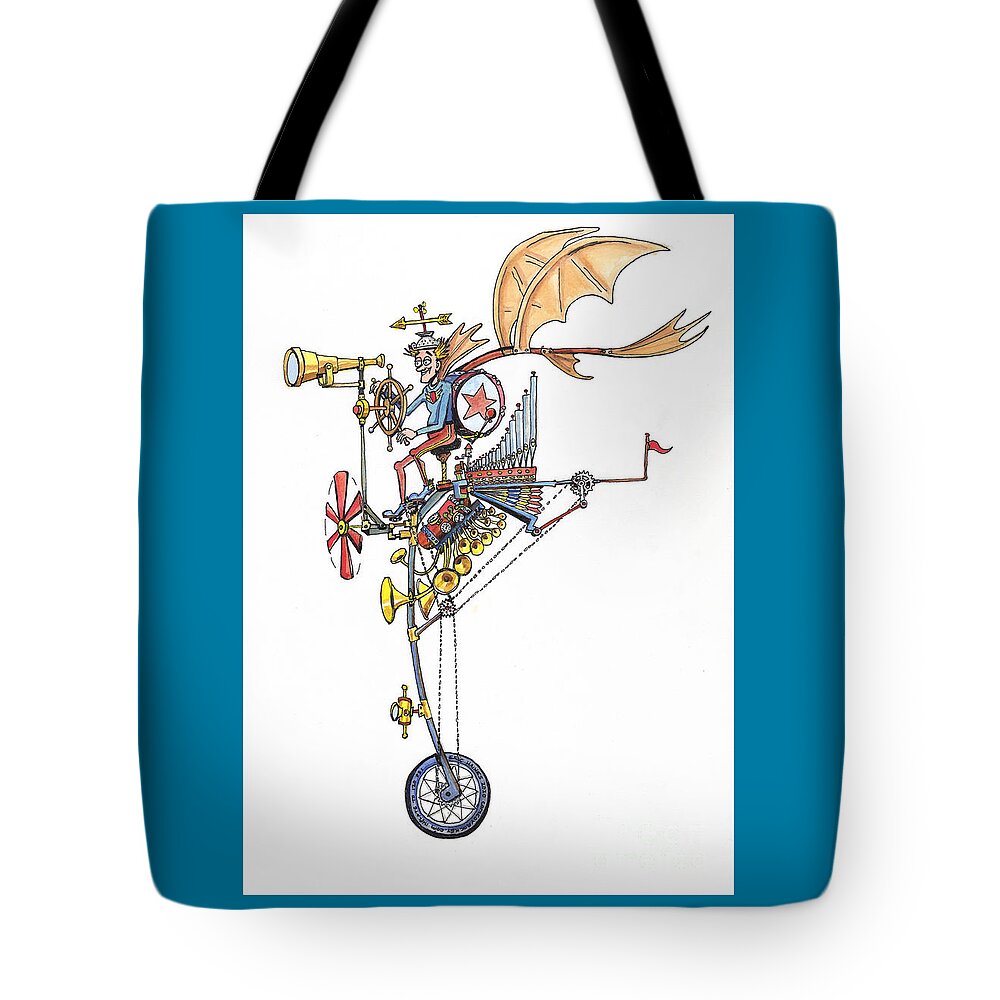  Inventor Tote Bag featuring the drawing Flying Unicycle Band by Eric Haines