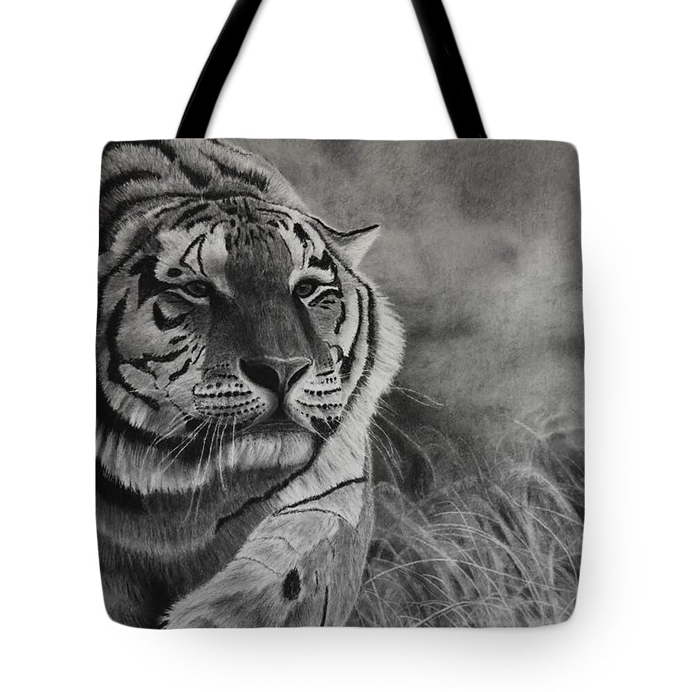 Tiger Tote Bag featuring the drawing Focus by Greg Fox