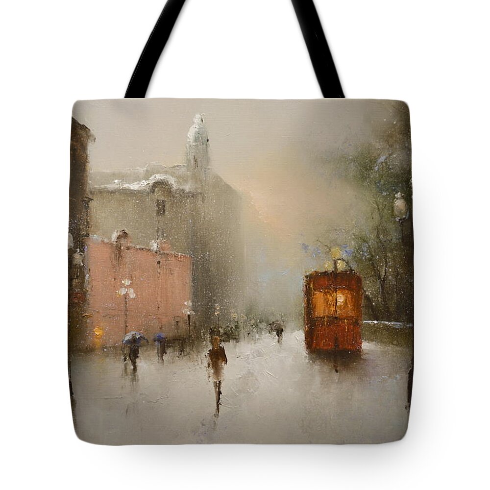 Russian Artists New Wave Tote Bag featuring the painting Foggy Evening Arbat by Igor Medvedev