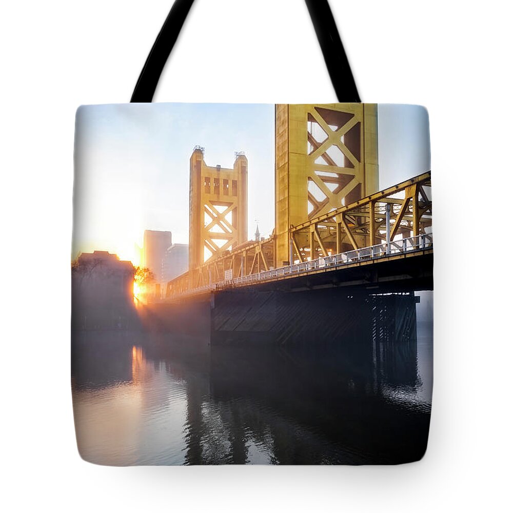 Sacramento Tote Bag featuring the photograph Foggy Sunrise on Sacramento Tower Bridge by Gary Geddes