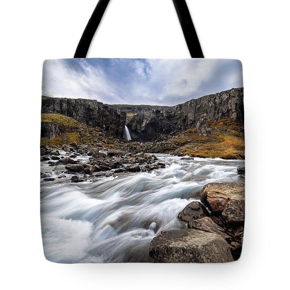 Folaldafoss Tote Bag featuring the photograph Folaldafoss waterfall and glacial river, Iceland by Jane Rix