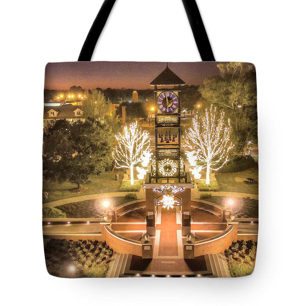 Foley Tote Bag featuring the photograph Foley Clock Tower - Christmas by Gulf Coast Aerials -