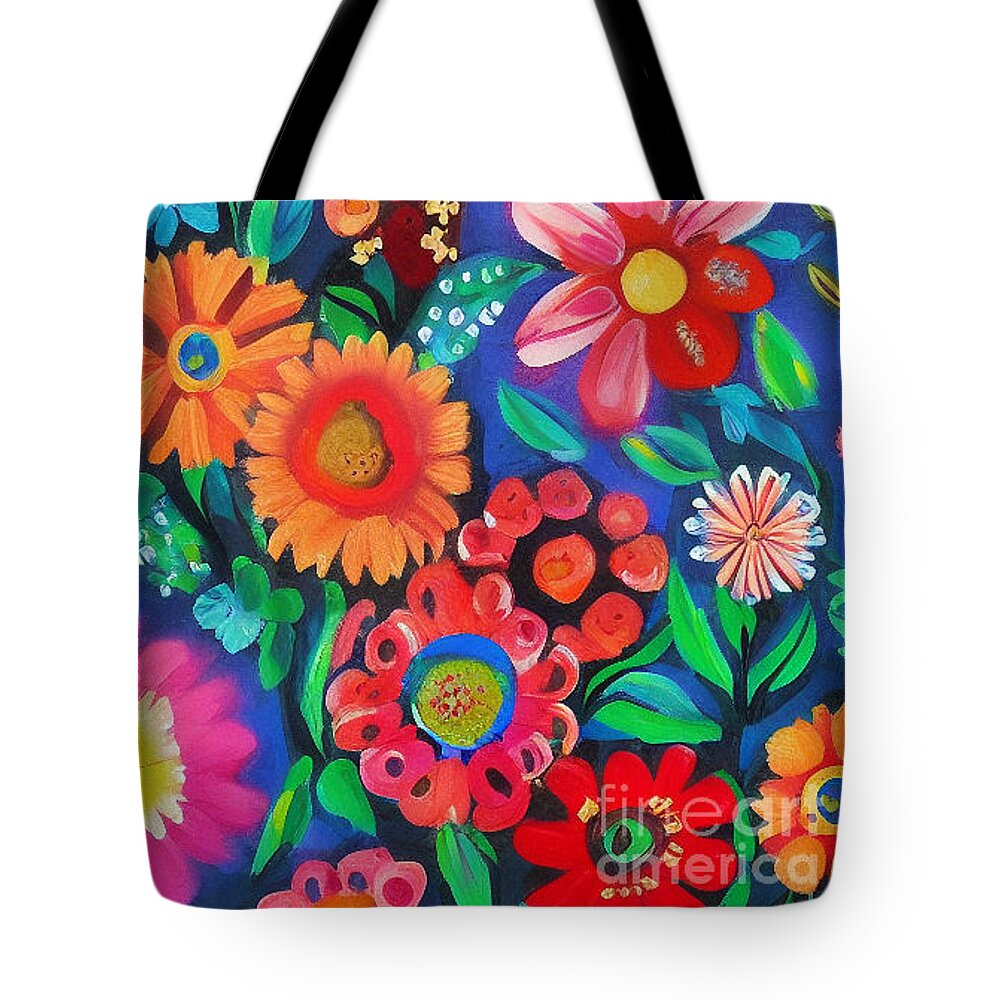 Folk Art Floral Pattern Tote Bag featuring the digital art Folk Art Floral Pattern by Carol Riddle