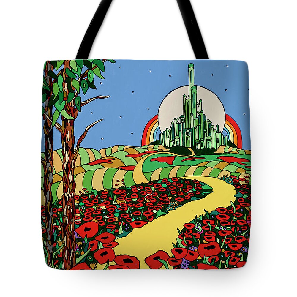 Wizard Of Oz Dorothy Toto Red Slippers Scarecrow Cowardly Lion Tin Man Wicked Witch Tote Bag featuring the painting Follow the Yellow Brick Road by Mike Stanko