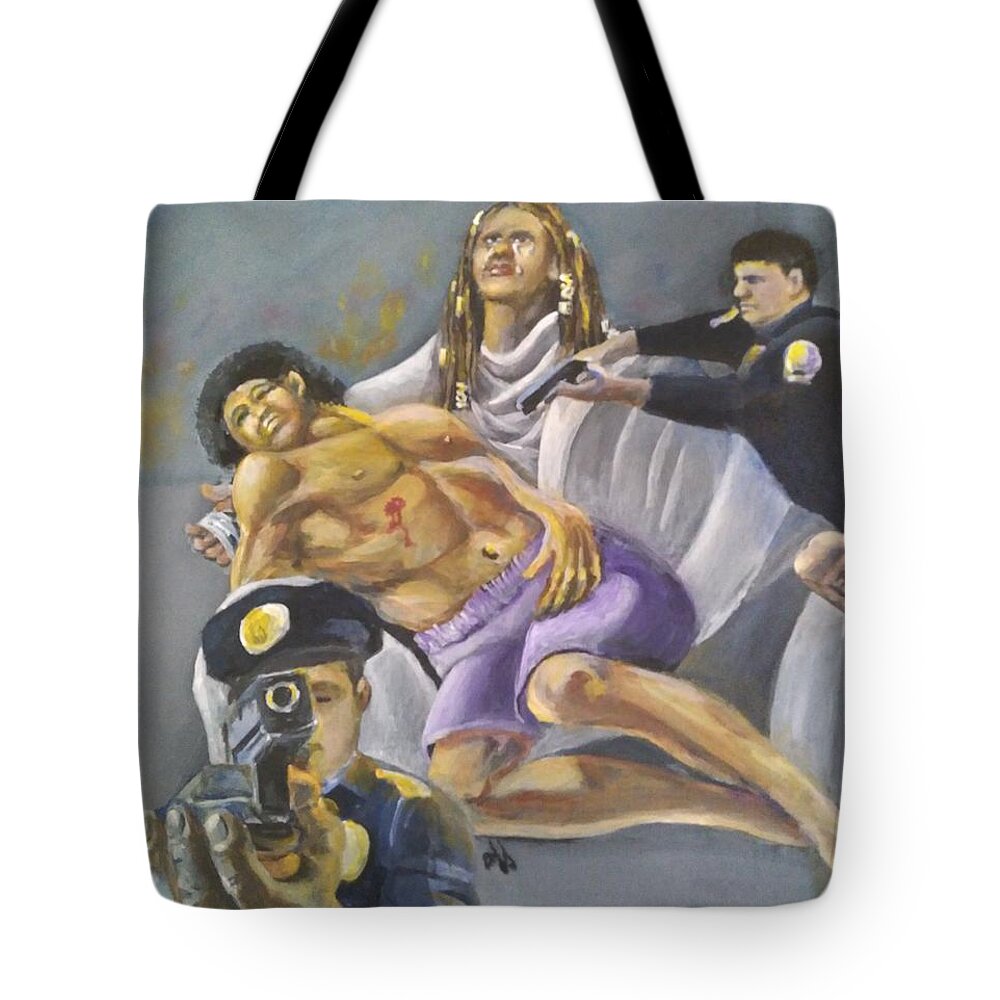 Pieta Tote Bag featuring the painting For They Know Not by Saundra Johnson