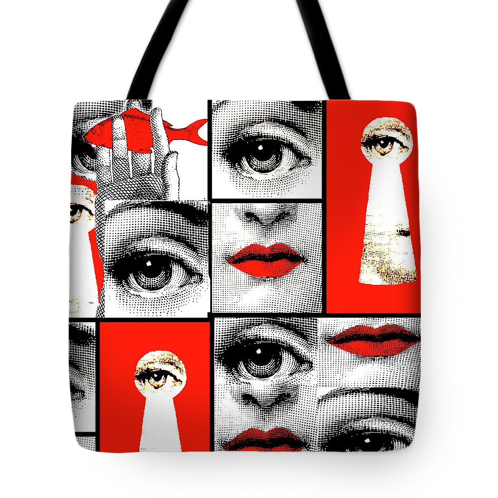 Fornasetti Red Fornasetti Collage Eys Tote Bag featuring the digital art Fornasetti Collage eys,lips, keyholw, Red by Kasey Jones