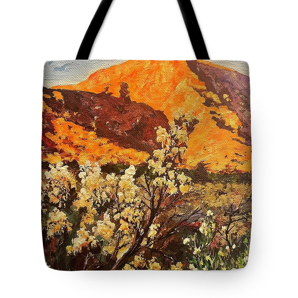 Landscape Tote Bag featuring the painting Fortuna mountain 2 by Ray Khalife
