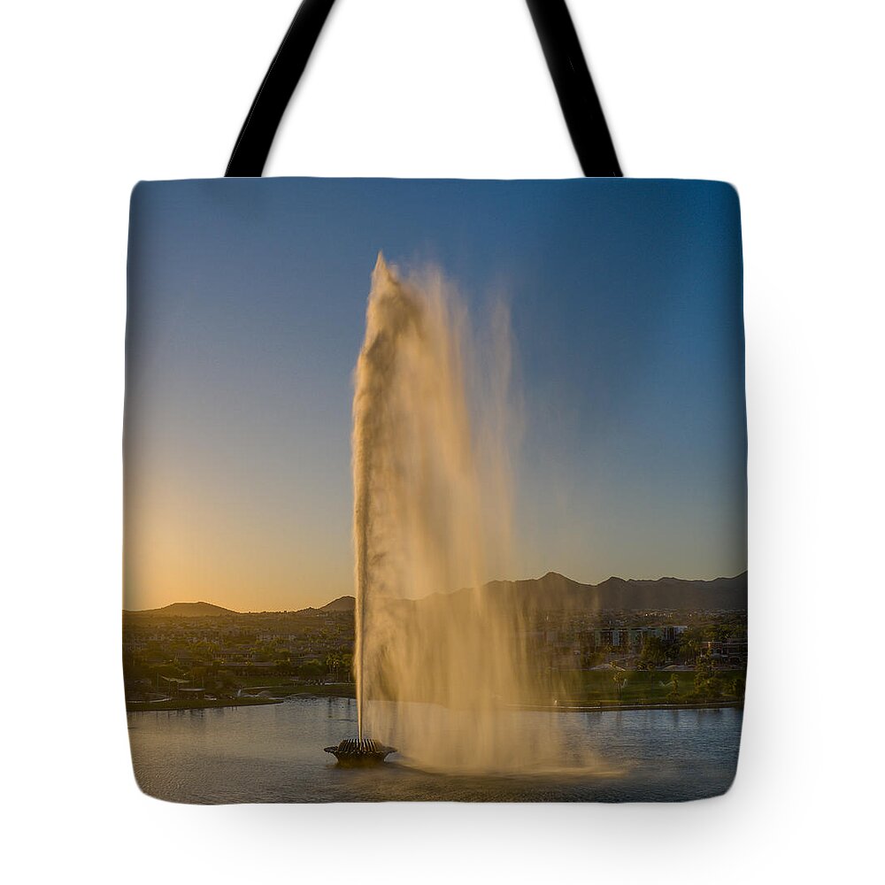 Arizona Tote Bag featuring the photograph Fountain Hills, Arizona Fountain Golden Hour Sunlight by Anthony Giammarino