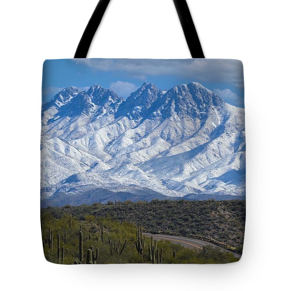 Four Peaks Winter 2022 Tote Bag featuring the digital art Four Peaks Winter 2022 by Tammy Keyes