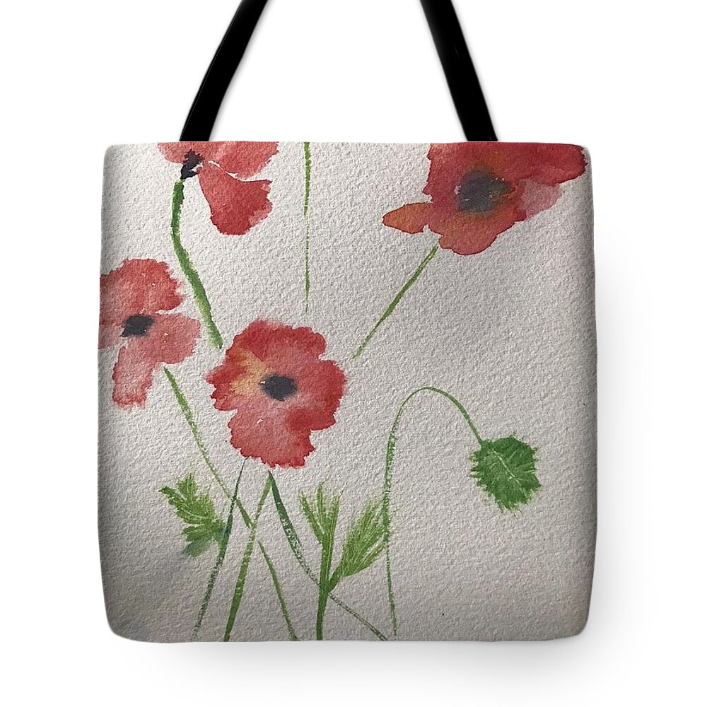 Four Red Poppies Flowers Tote Bag featuring the painting Four Poppies by Nina Jatania