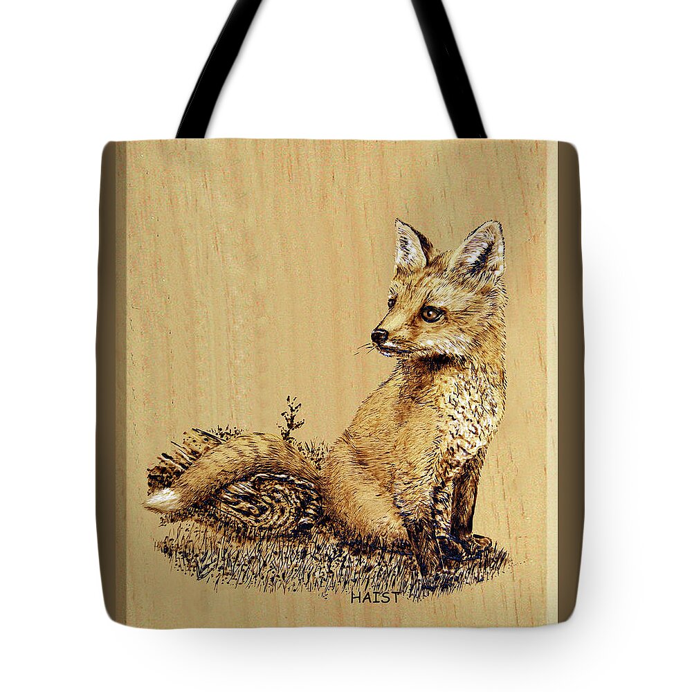 Fox Tote Bag featuring the pyrography Fox Pup by R Murrey Haist