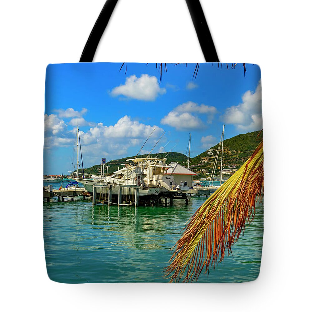 Color; Skies; Clouds; Water; Trees; Landscape Tote Bag featuring the photograph Framing a Boat by AE Jones