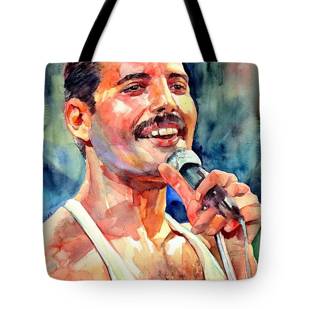 Freddie Mercury Tote Bag featuring the painting Freddie Mercury Live Aid by Suzann Sines