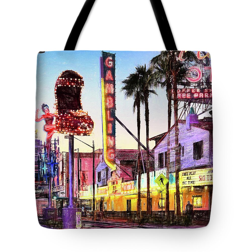 Fremont Street Tote Bag featuring the mixed media Fremont Street Neon Signs - Digital Colored Pencil by Tatiana Travelways