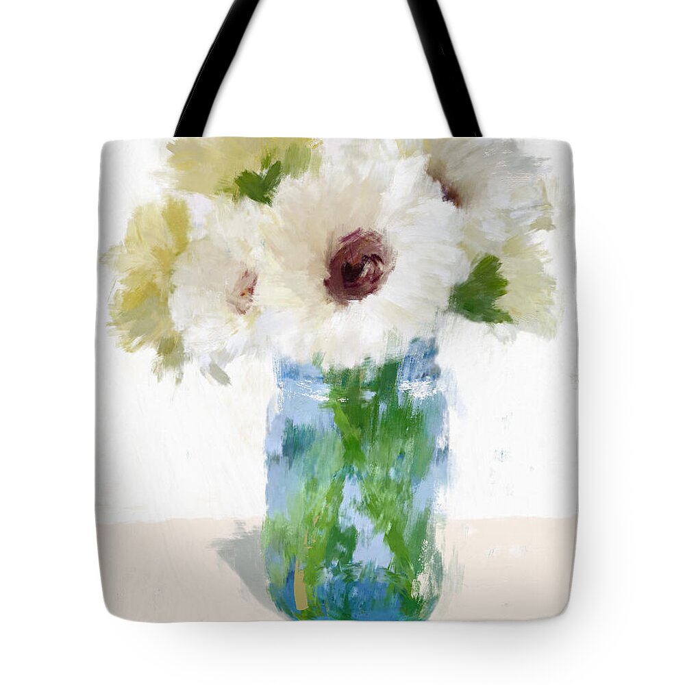 Floral Tote Bag featuring the mixed media Fresh Daisies- Art by Linda Woods by Linda Woods