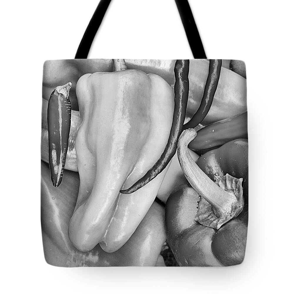 Peppers Tote Bag featuring the photograph Fresh Garden Pepper Closeup Black And White by Adam Jewell