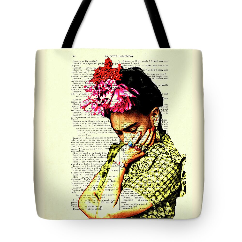 Frida Kahlo Tote Bag featuring the digital art Frida Kahlo portrait in bright colors art by Madame Memento