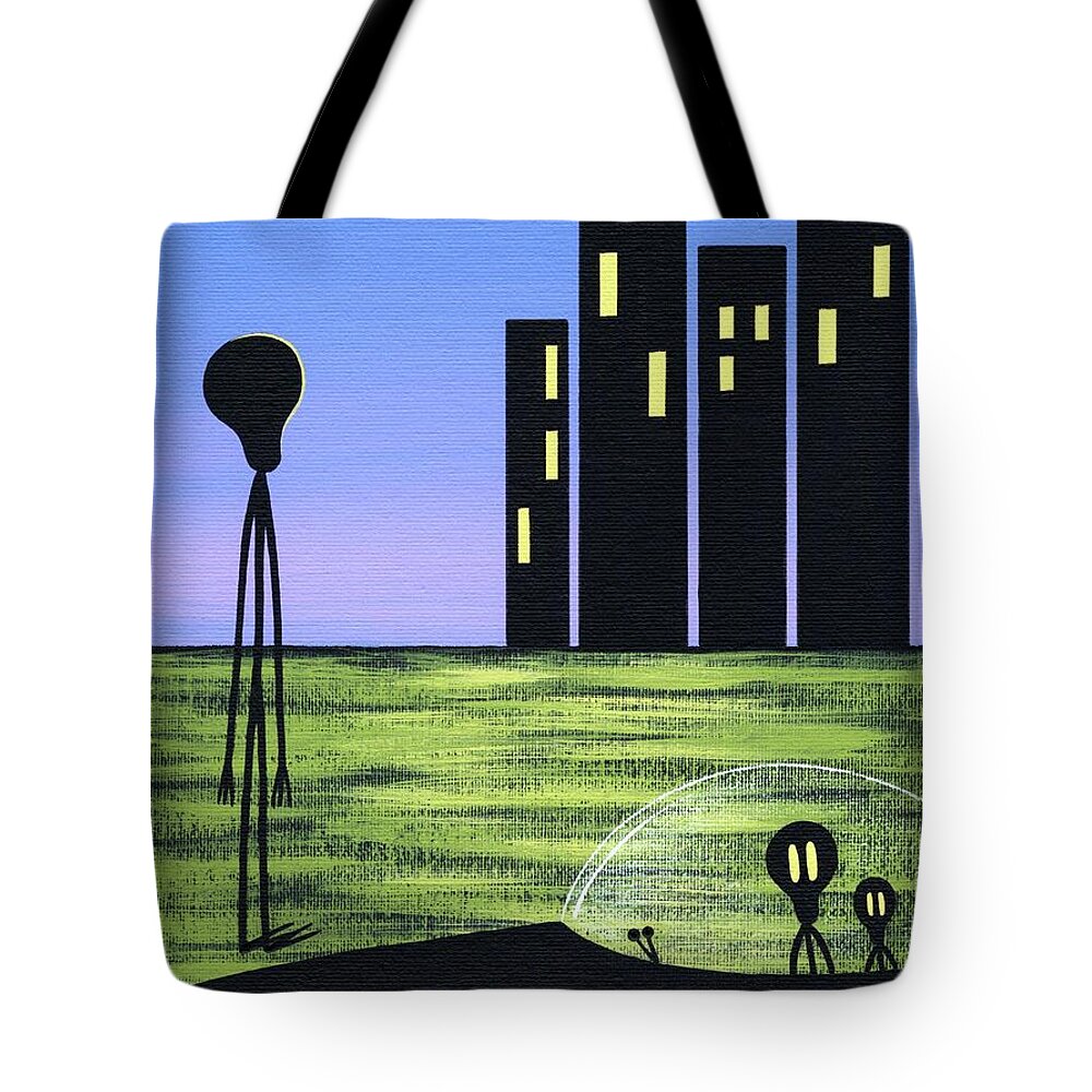 Mid Century Modern Science Fiction Tote Bag featuring the painting Friendly Alien Family Visits Earth by Donna Mibus