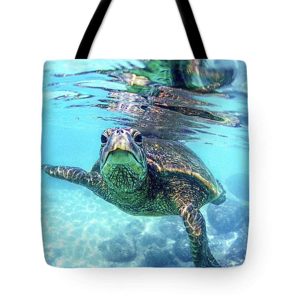 Sea Tote Bag featuring the photograph friendly Hawaiian sea turtle by Sean Davey